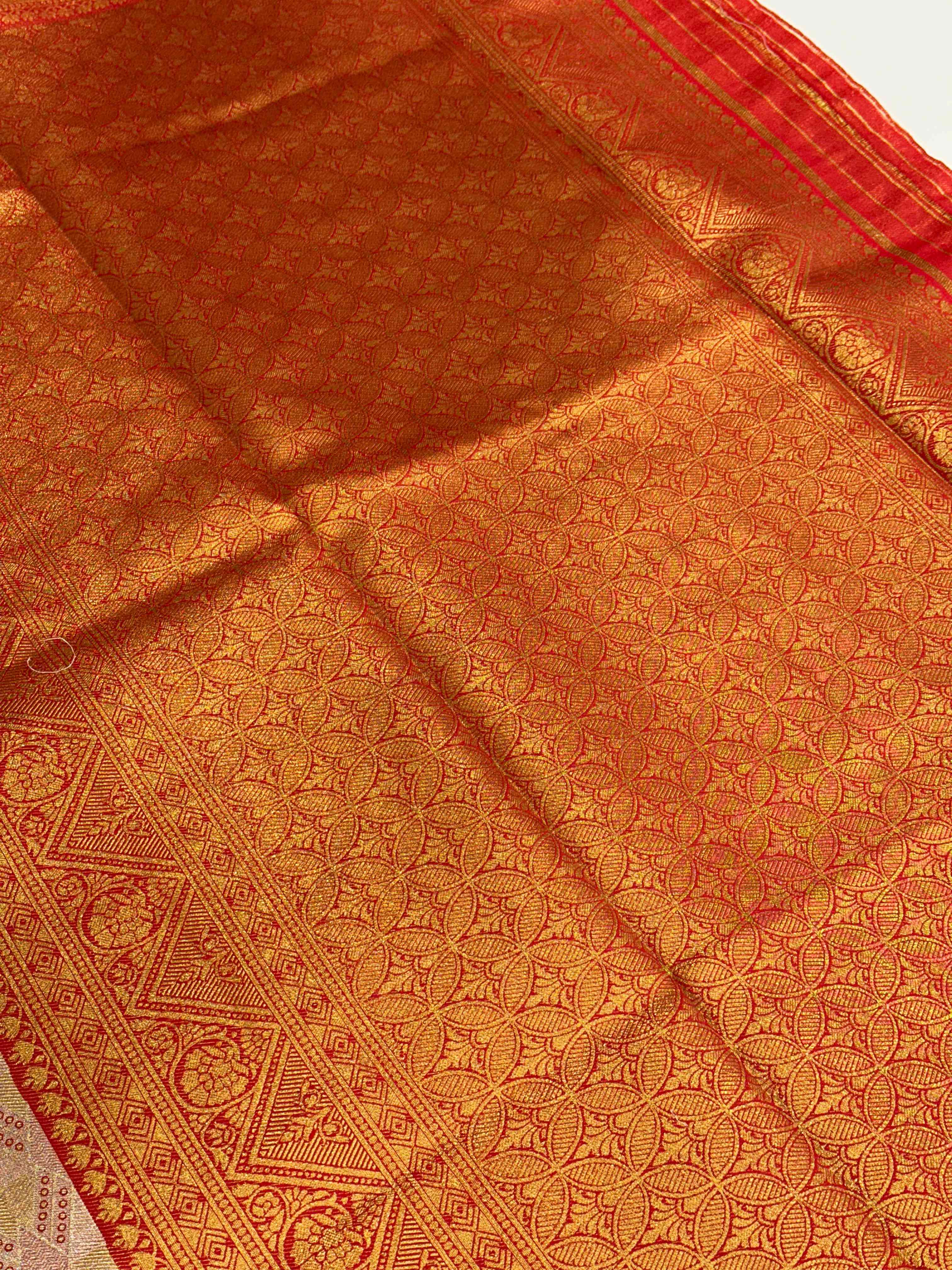 Red Golden Geometrics With Floral Elegance Saree