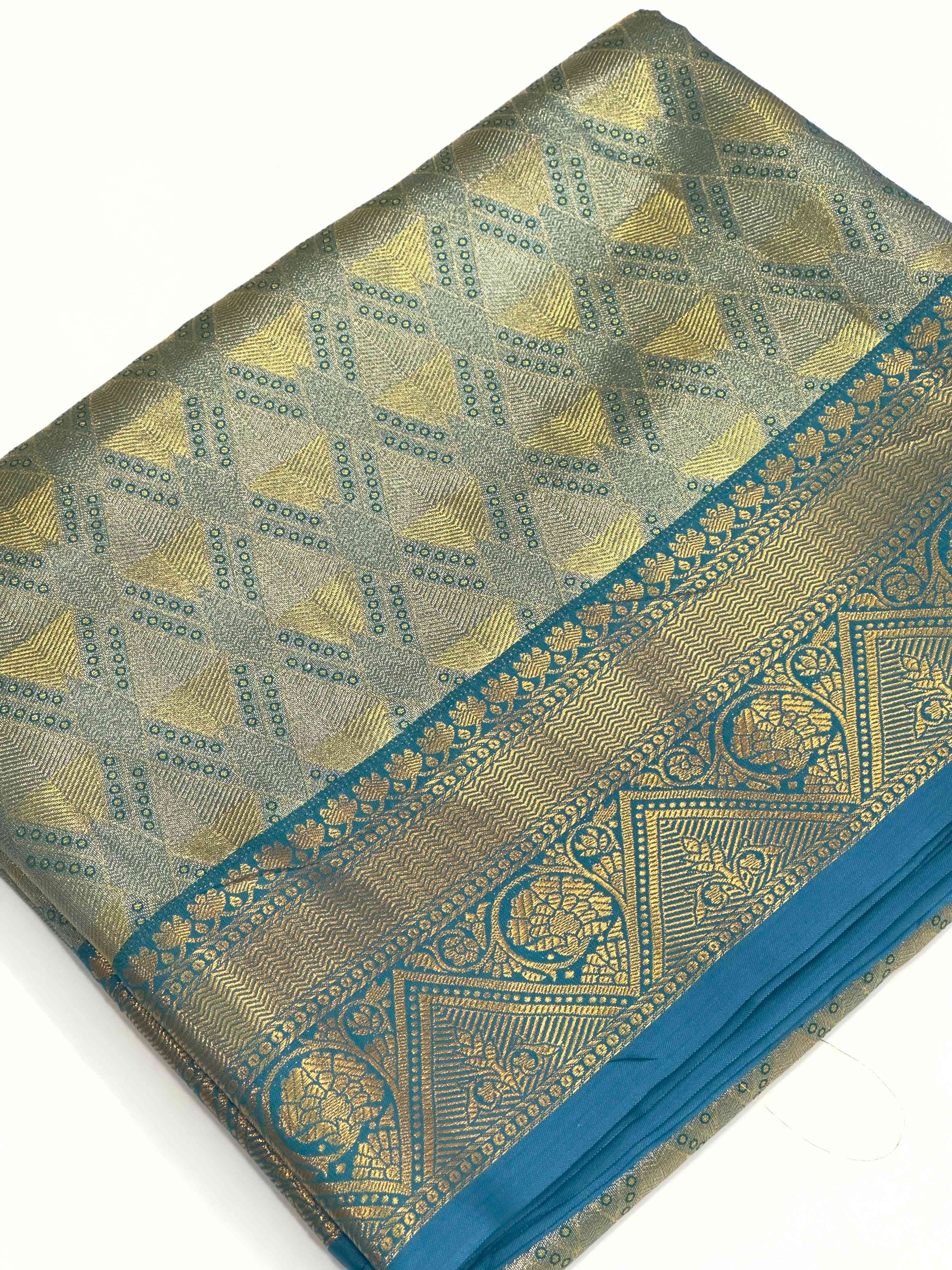 Rama Golden Geometrics With Floral Elegance Saree