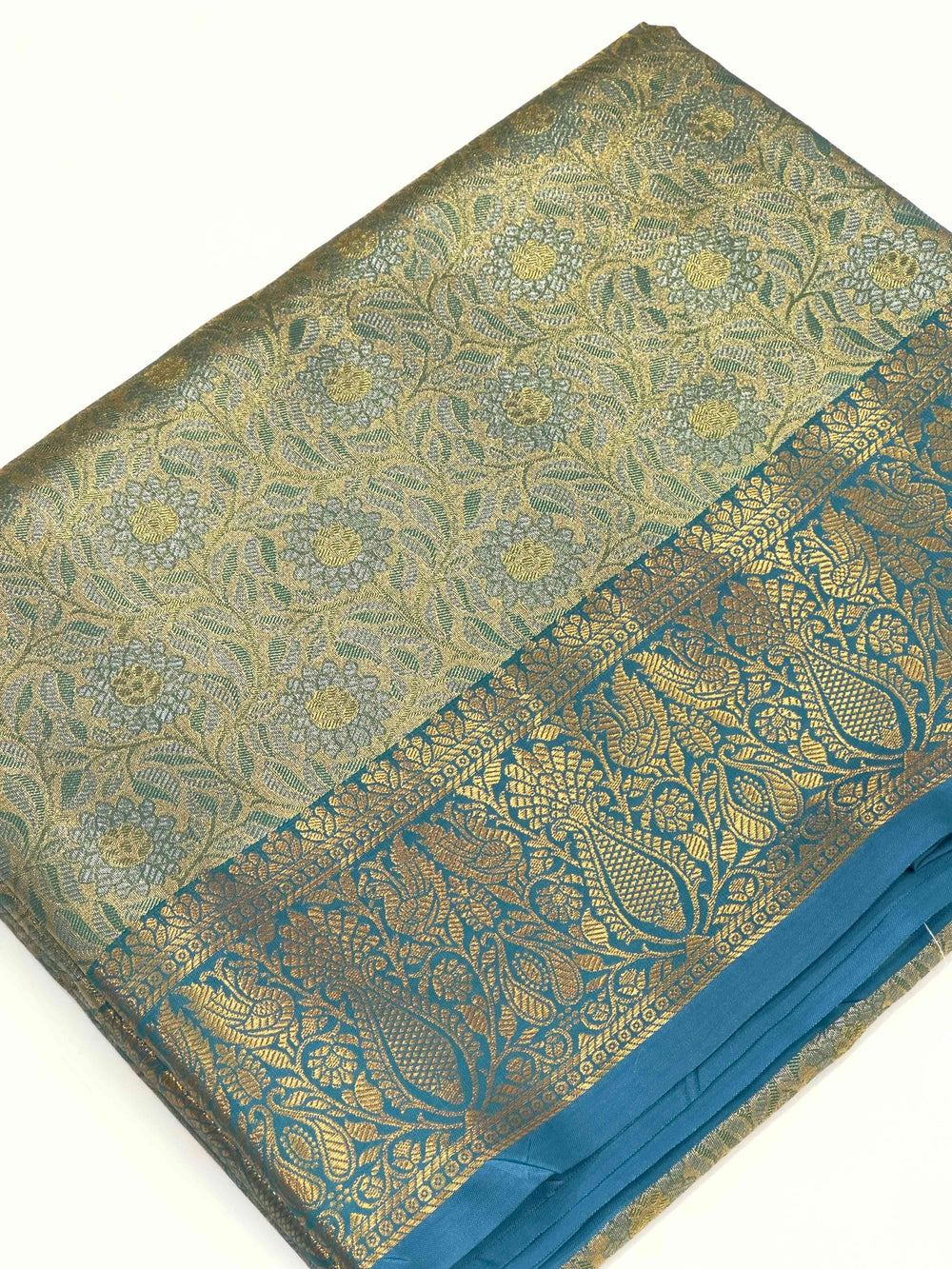 Gold Zari Floral Saree in Rama
