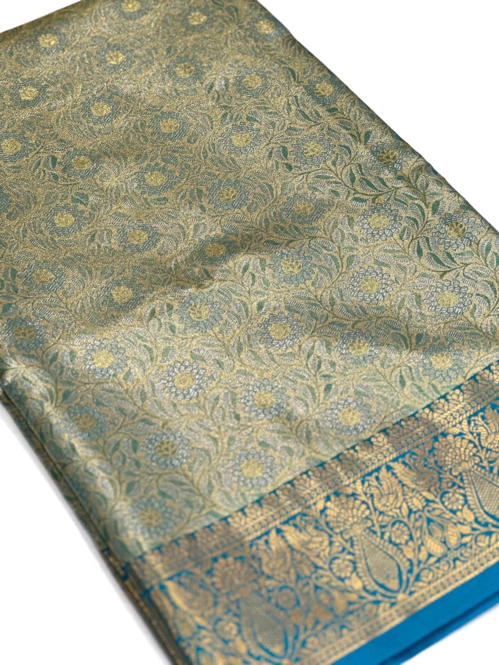 Gold Zari Floral Saree in Rama