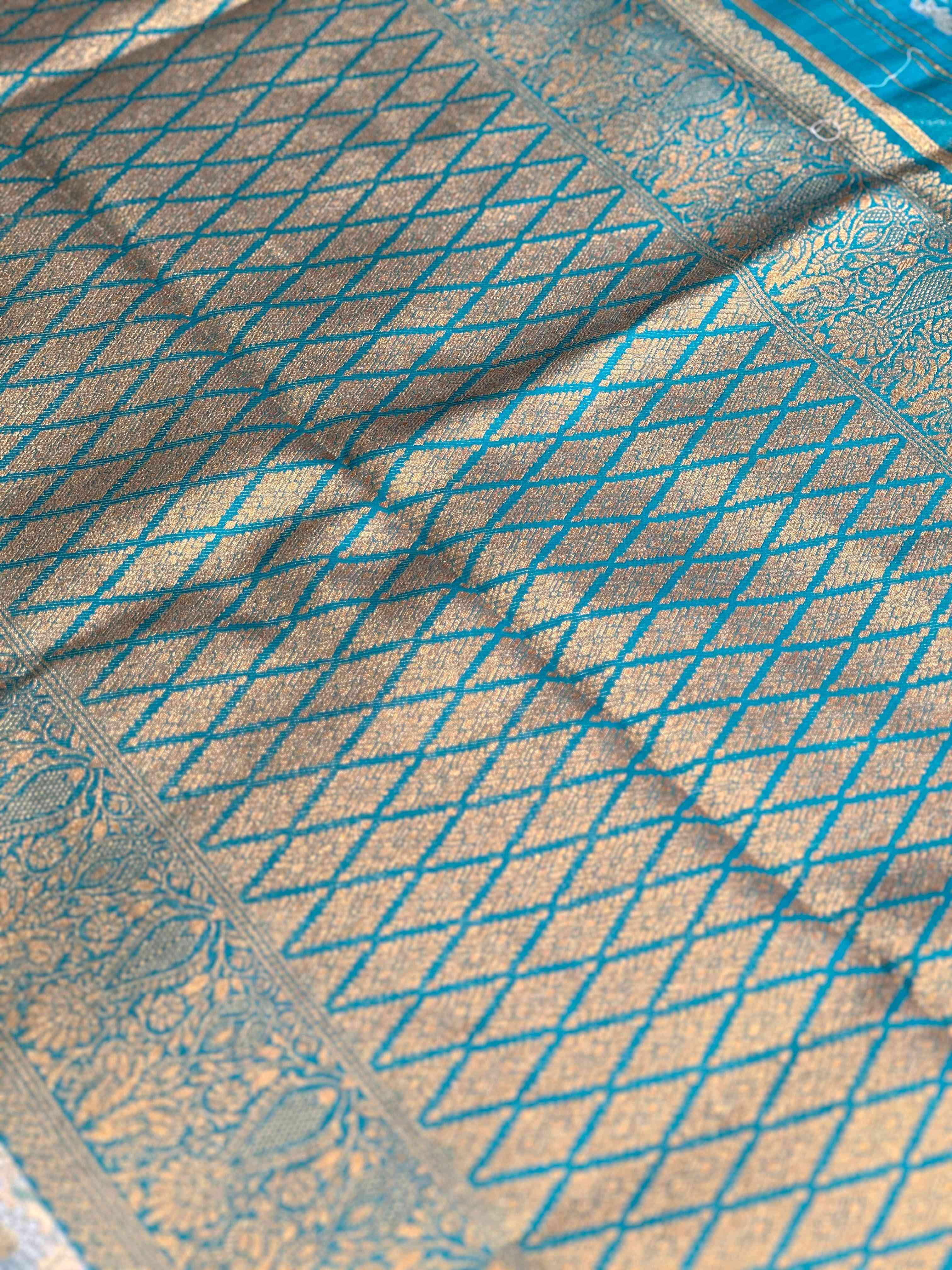 Gold Zari Floral Saree in Rama