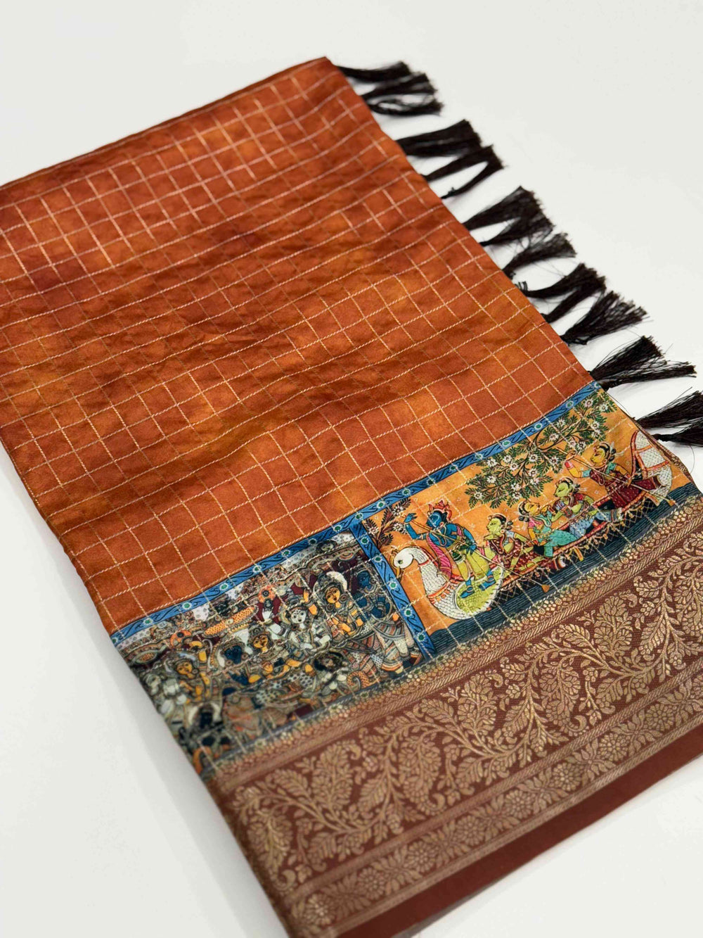 Rust Orange Tussar Silk Kalamkari Checkered Saree
