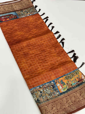 Rust Orange Tussar Silk Kalamkari Checkered Saree