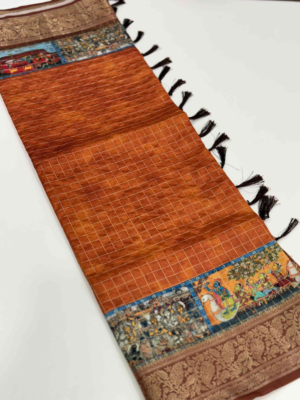 Rust Orange Tussar Silk Kalamkari Checkered Saree