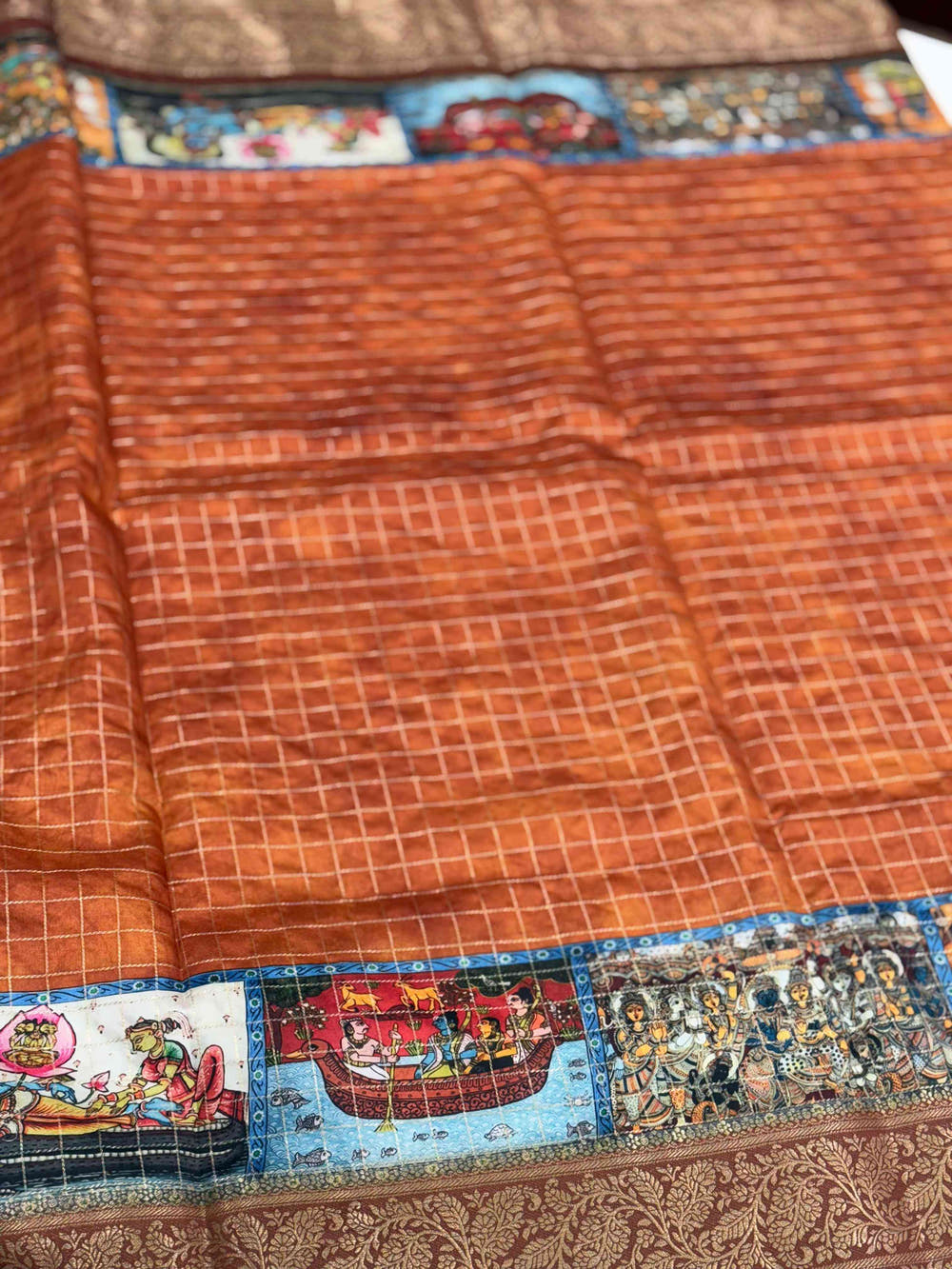 Rust Orange Tussar Silk Kalamkari Checkered Saree