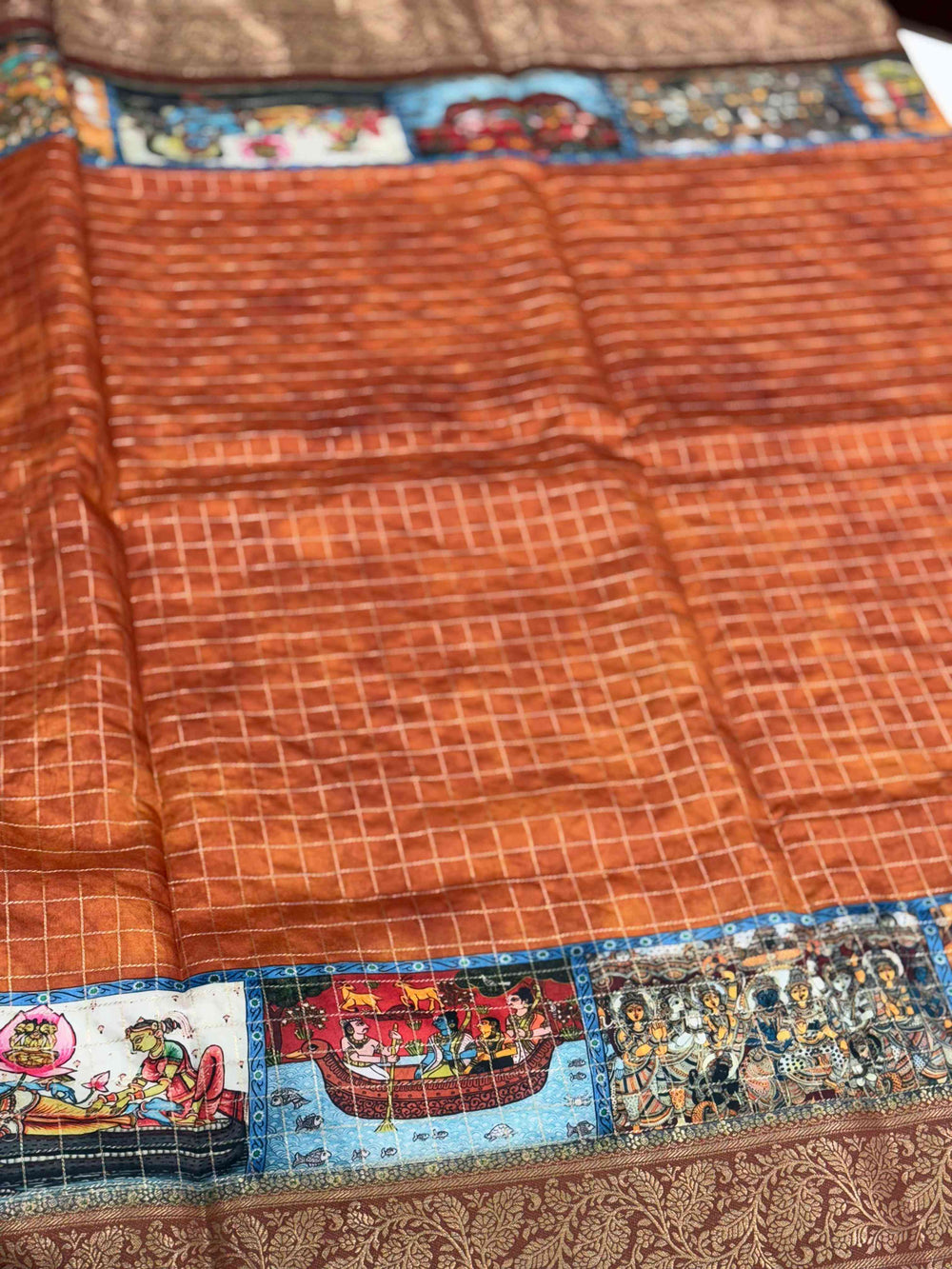 Rust Orange Tussar Silk Kalamkari Checkered Saree