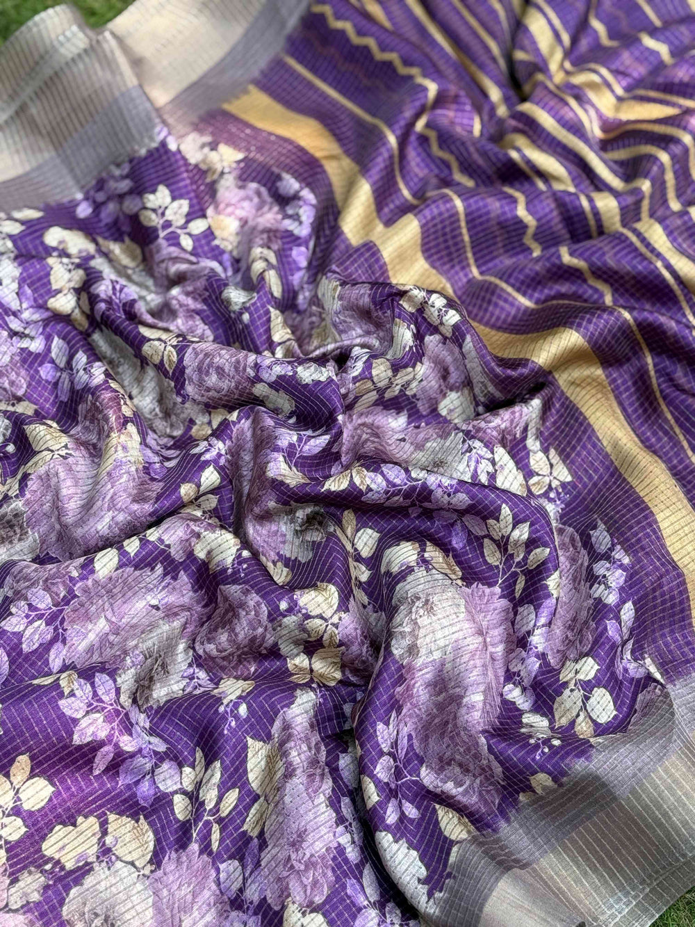 Purple Tussar Chex Floral Saree