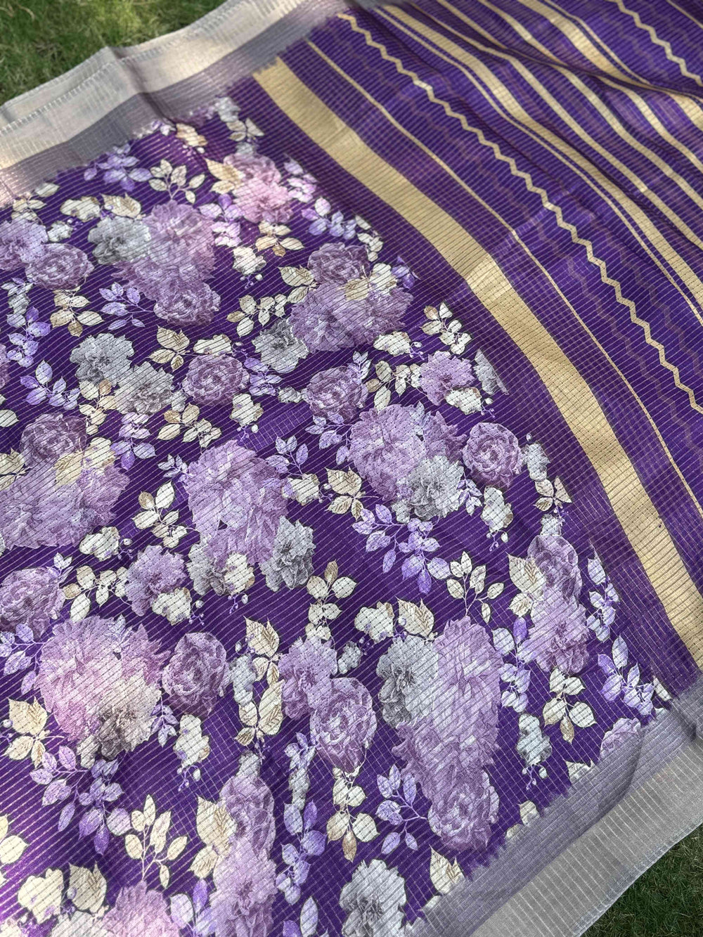 Purple Tussar Chex Floral Saree