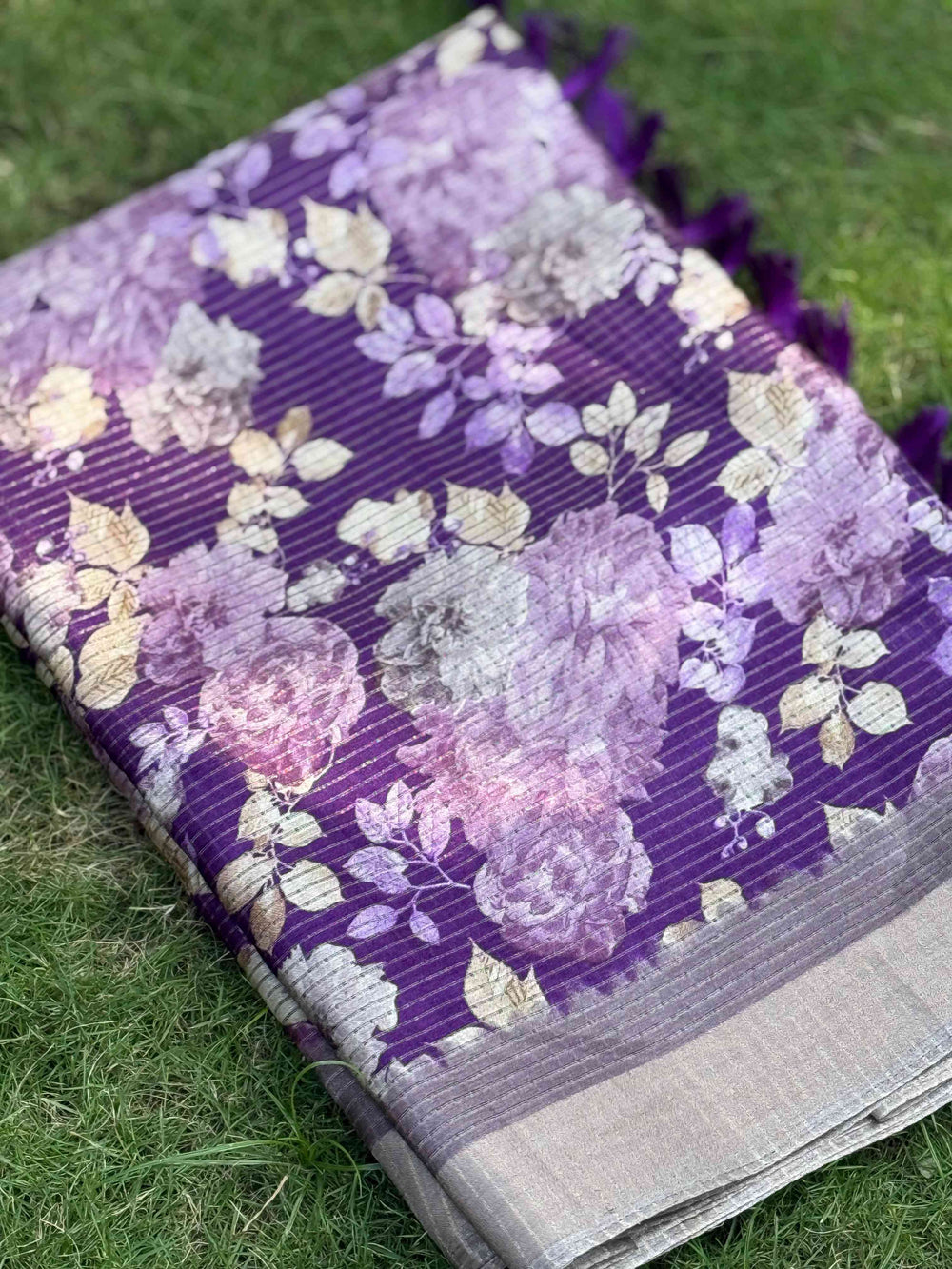 Purple Tussar Chex Floral Saree