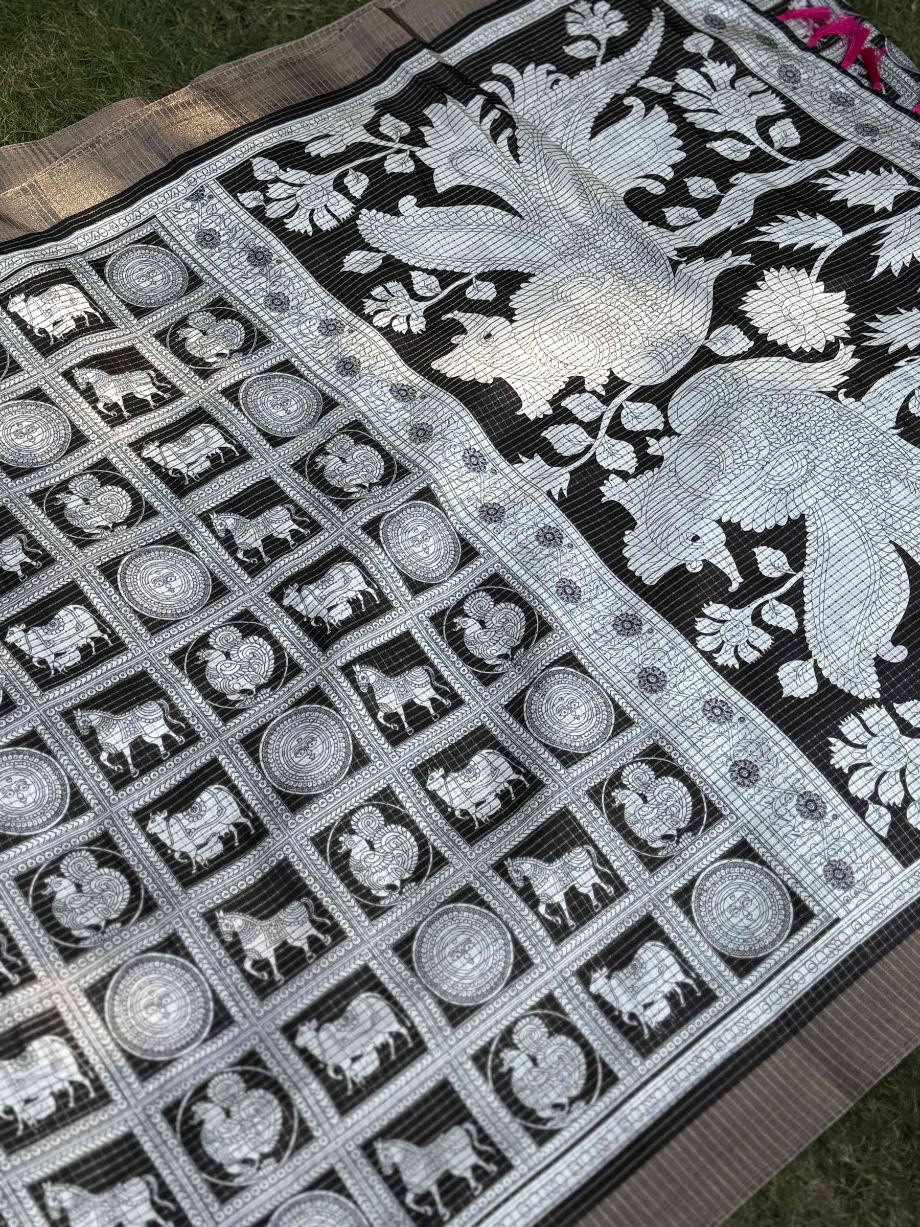 Black Tussar Chex Digital Kalamkari Print Saree
