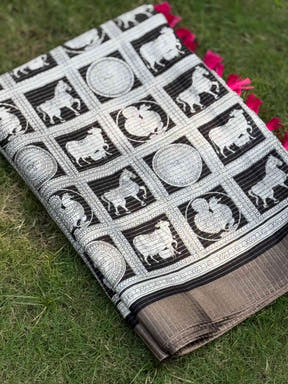 Black Tussar Chex Digital Kalamkari Print Saree