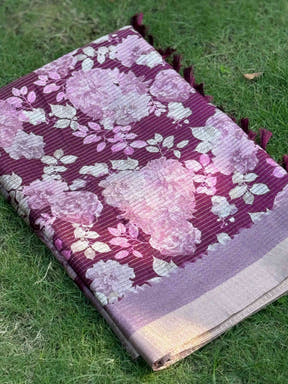 Wine Tussar Chex Floral Saree