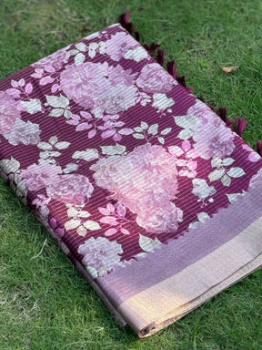 Wine Tussar Chex Floral Saree
