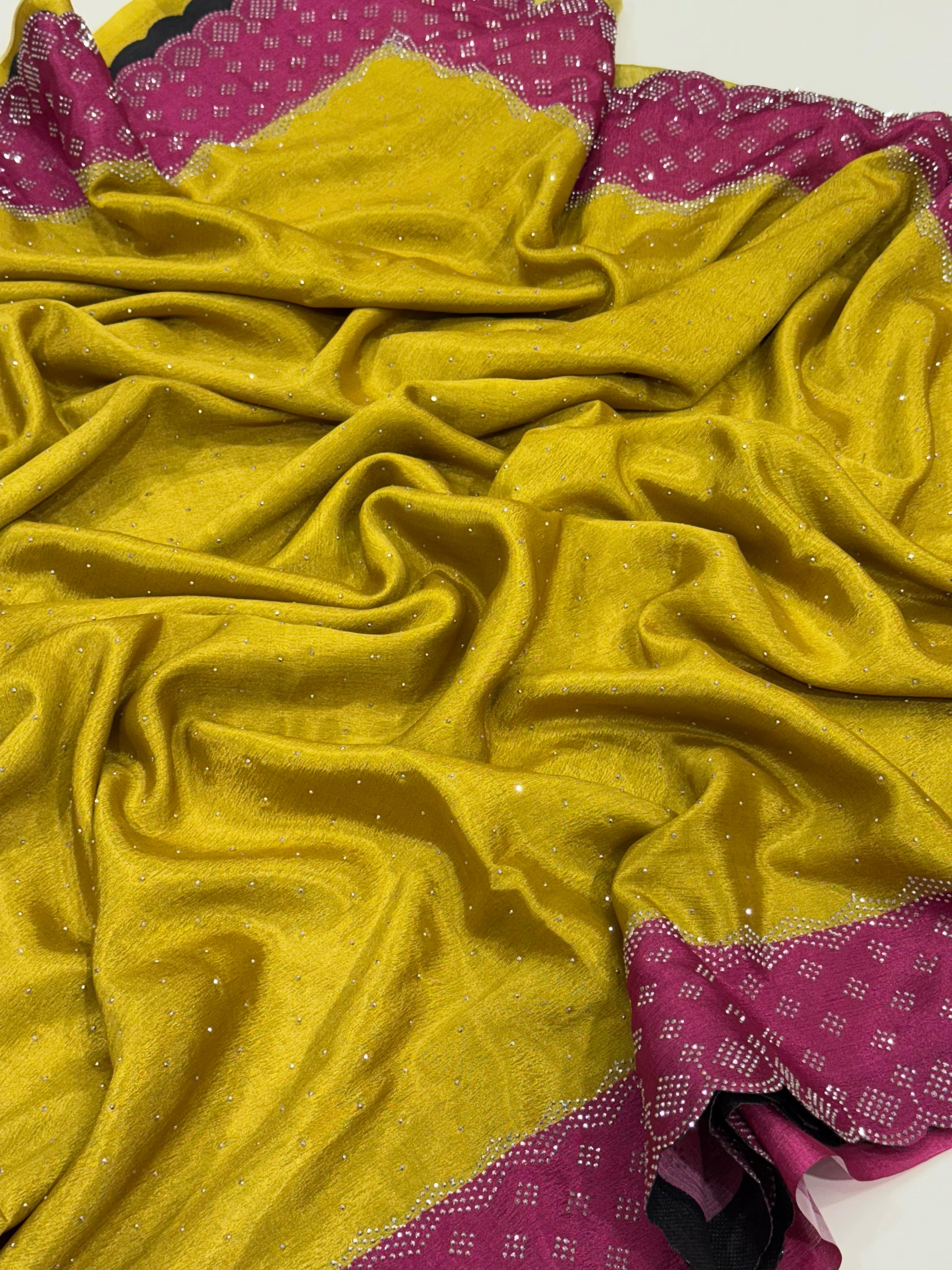 Mustard Poly Chiffon Diamond Swaroski Work Saree