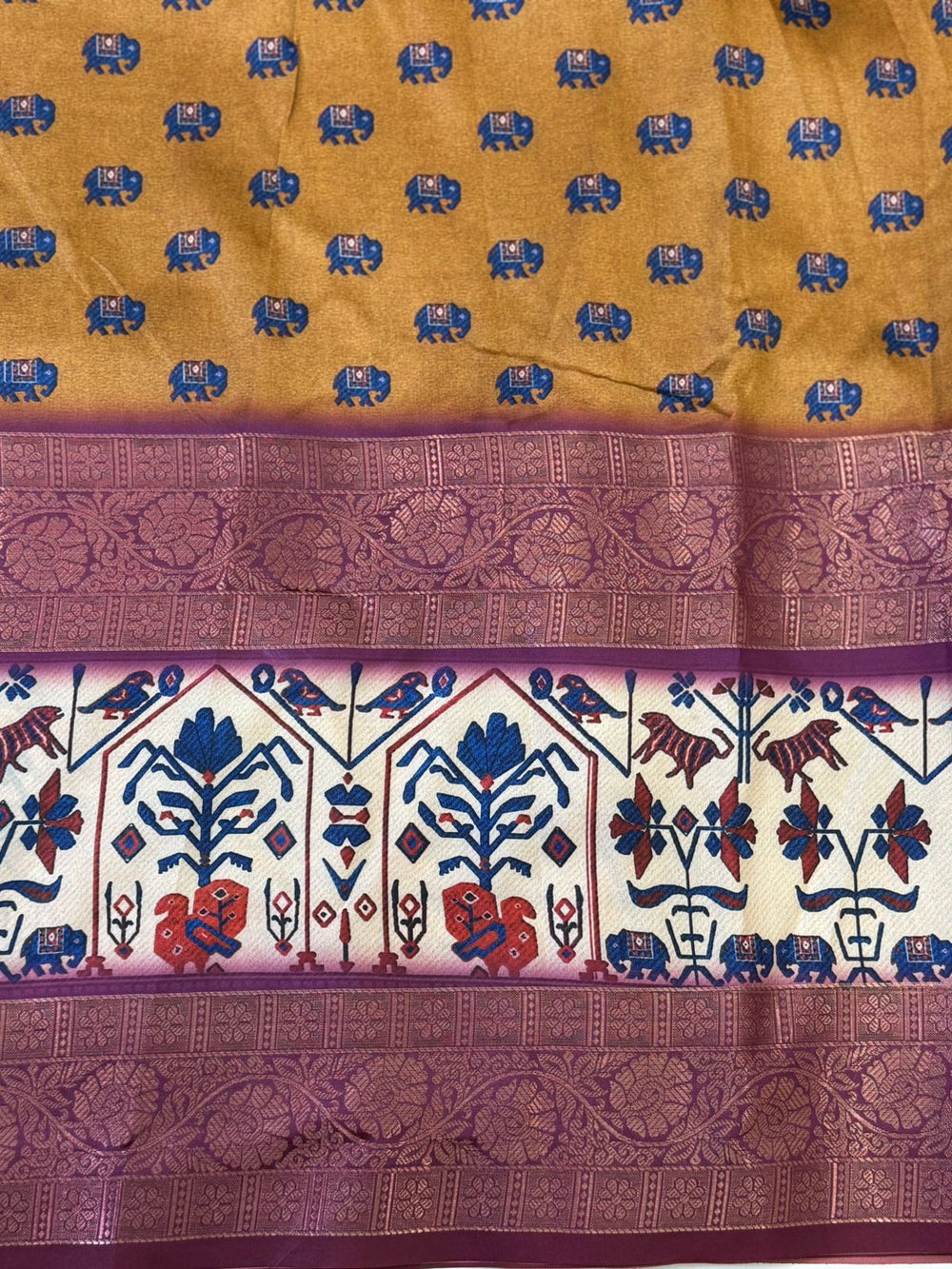 Artistic Mustard Kalamkari Silk Saree


