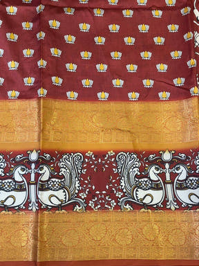 Artistic Marron Kalamkari Silk Saree