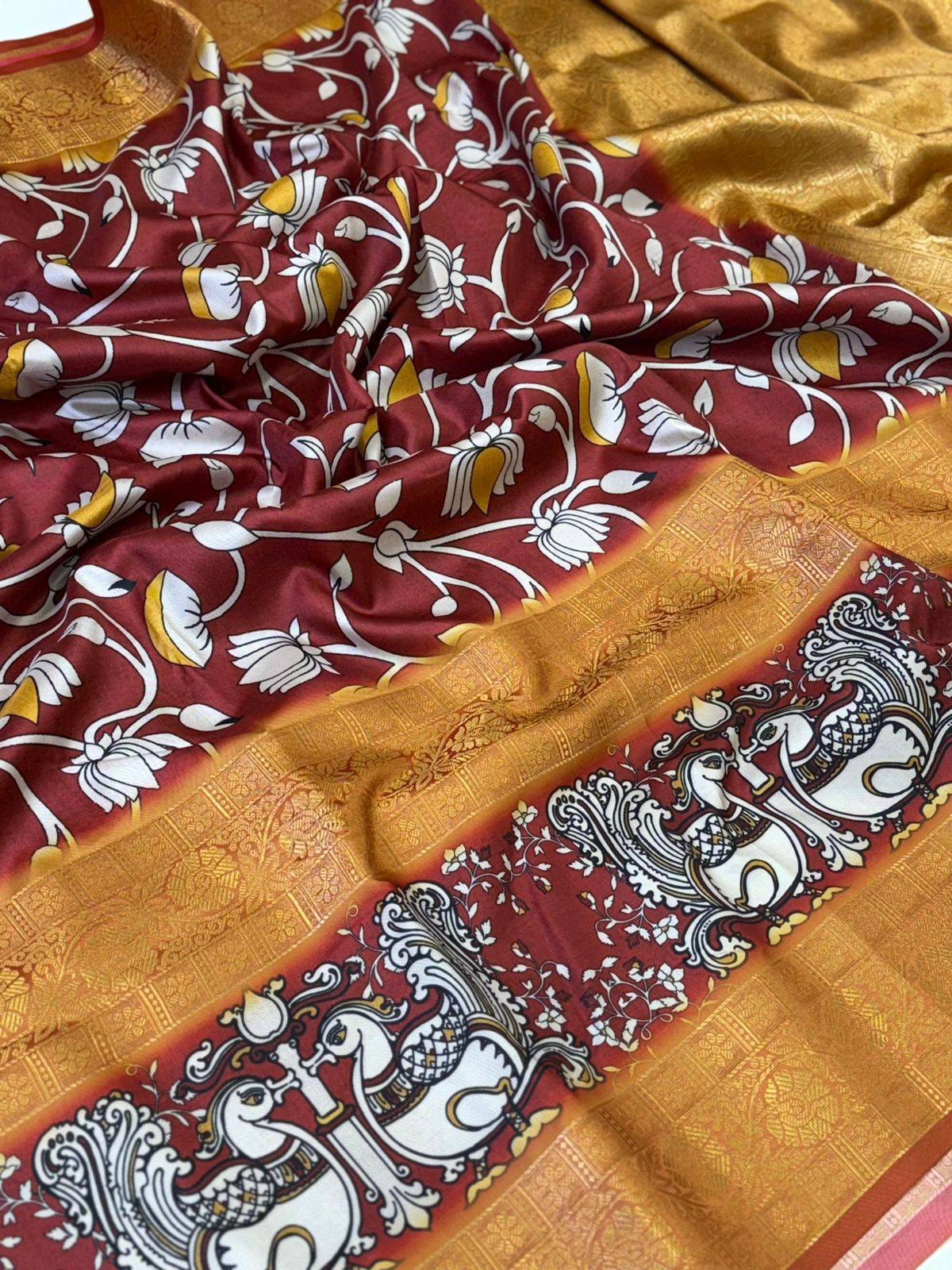 Artistic Marron Kalamkari Silk Saree