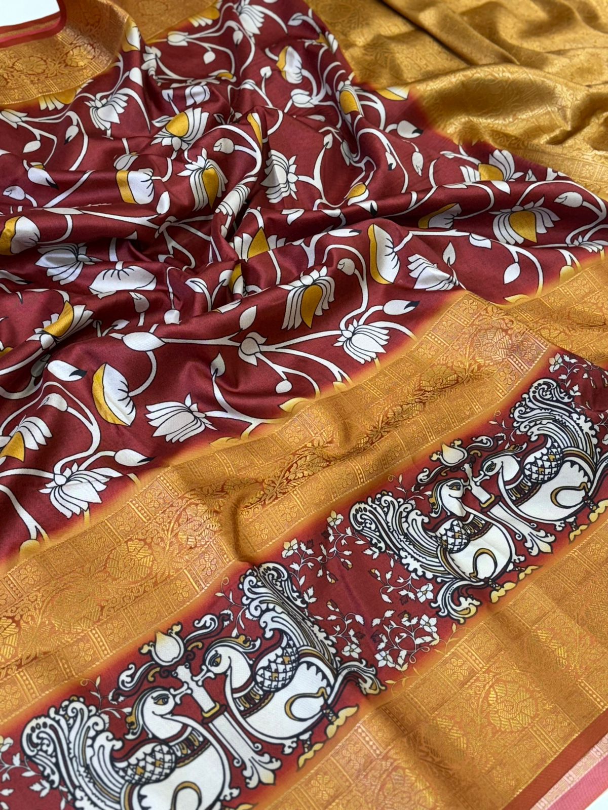 Artistic Marron Kalamkari Silk Saree