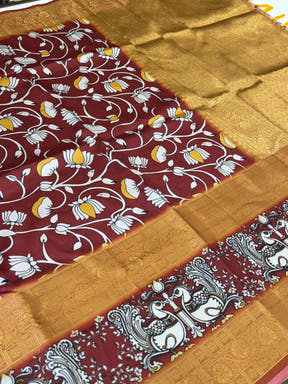 Artistic Marron Kalamkari Silk Saree