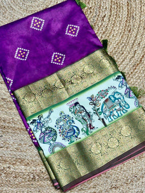 Artistic Wine Bandhej Silk Saree