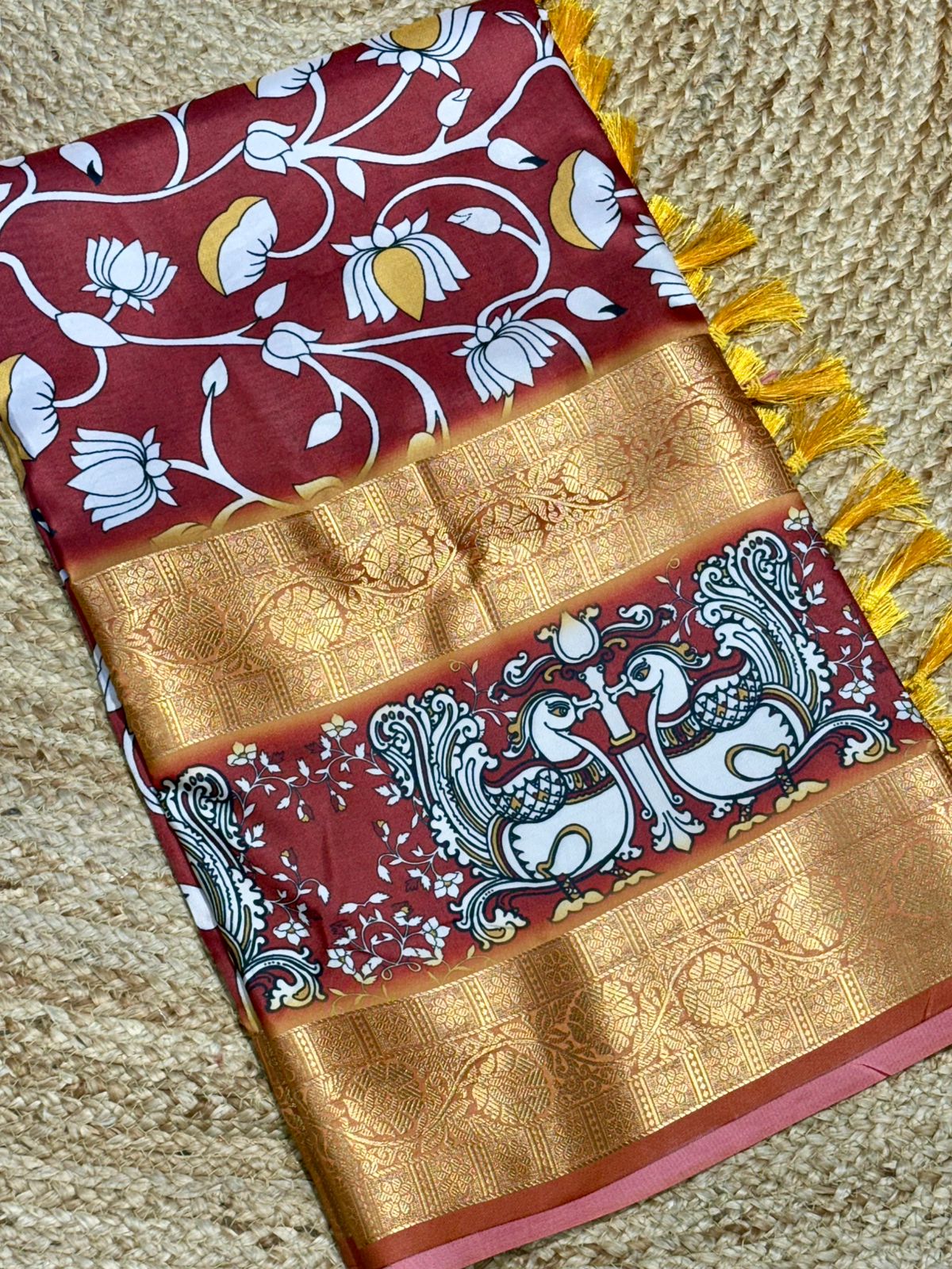 Artistic Marron Kalamkari Silk Saree