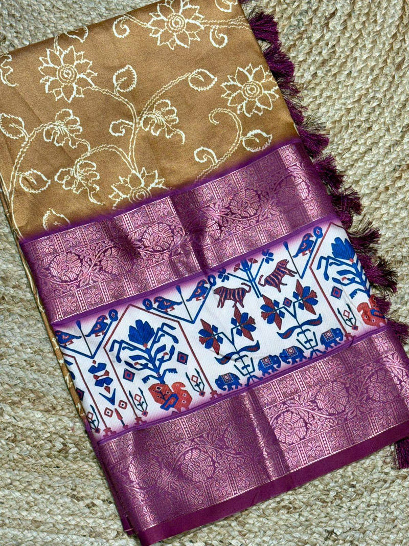 Artistic Mustard Kalamkari Silk Saree


