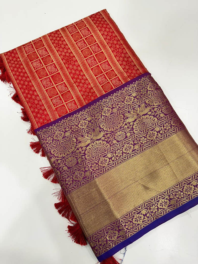 Red Silk Cotton Woven Design Saree with Purple Zari Border