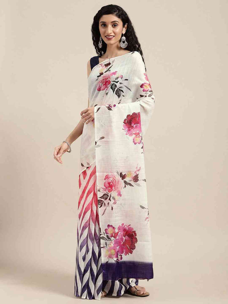 Beautiful Linen Floral And Geometric Print Saree