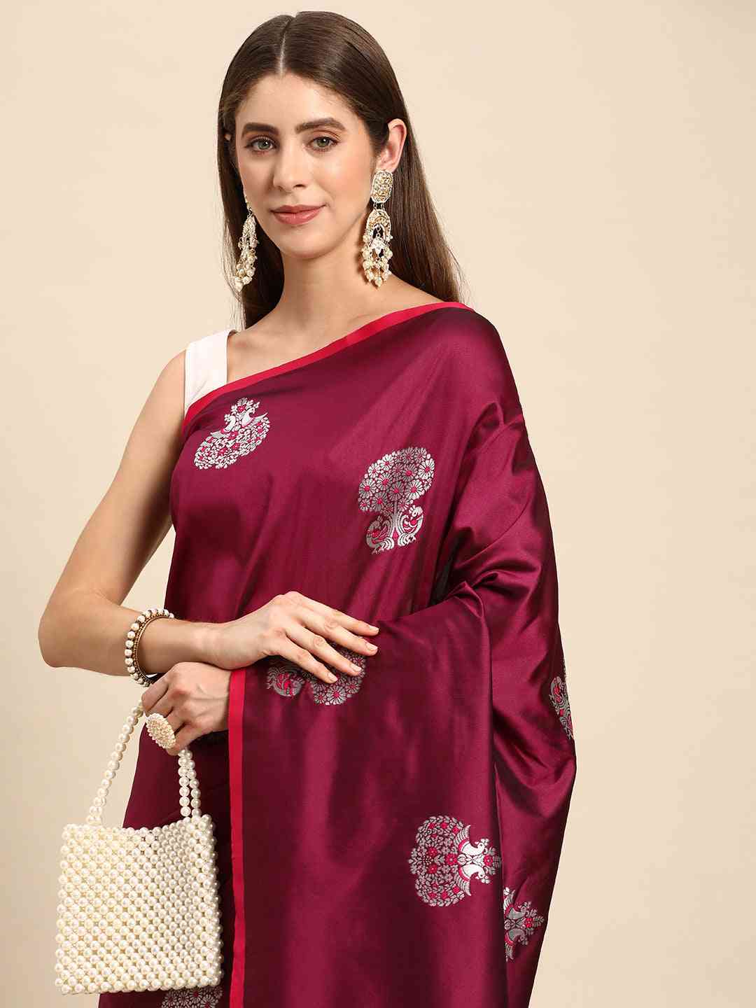 Wine Colour Pure Banarasi Zari Silk Saree with Ethnic Motifs