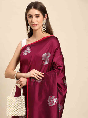 Wine Colour Pure Banarasi Zari Silk Saree with Ethnic Motifs