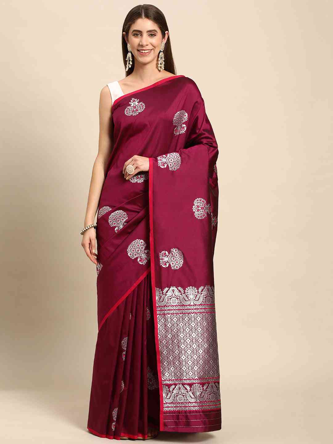 Wine Colour Pure Banarasi Zari Silk Saree with Ethnic Motifs