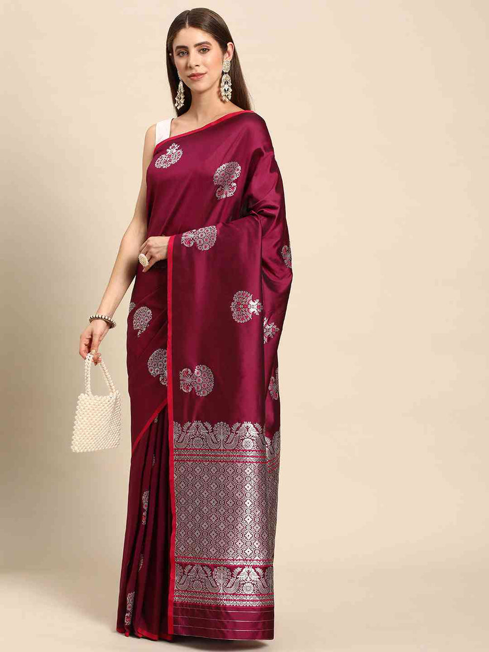 Wine Colour Pure Banarasi Zari Silk Saree with Ethnic Motifs