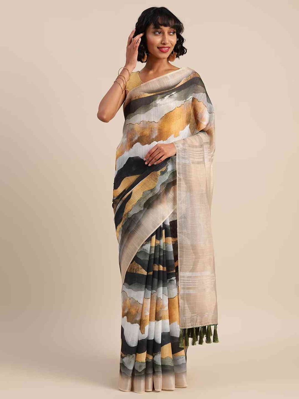 Beige linen saree with geometric print and tassels
