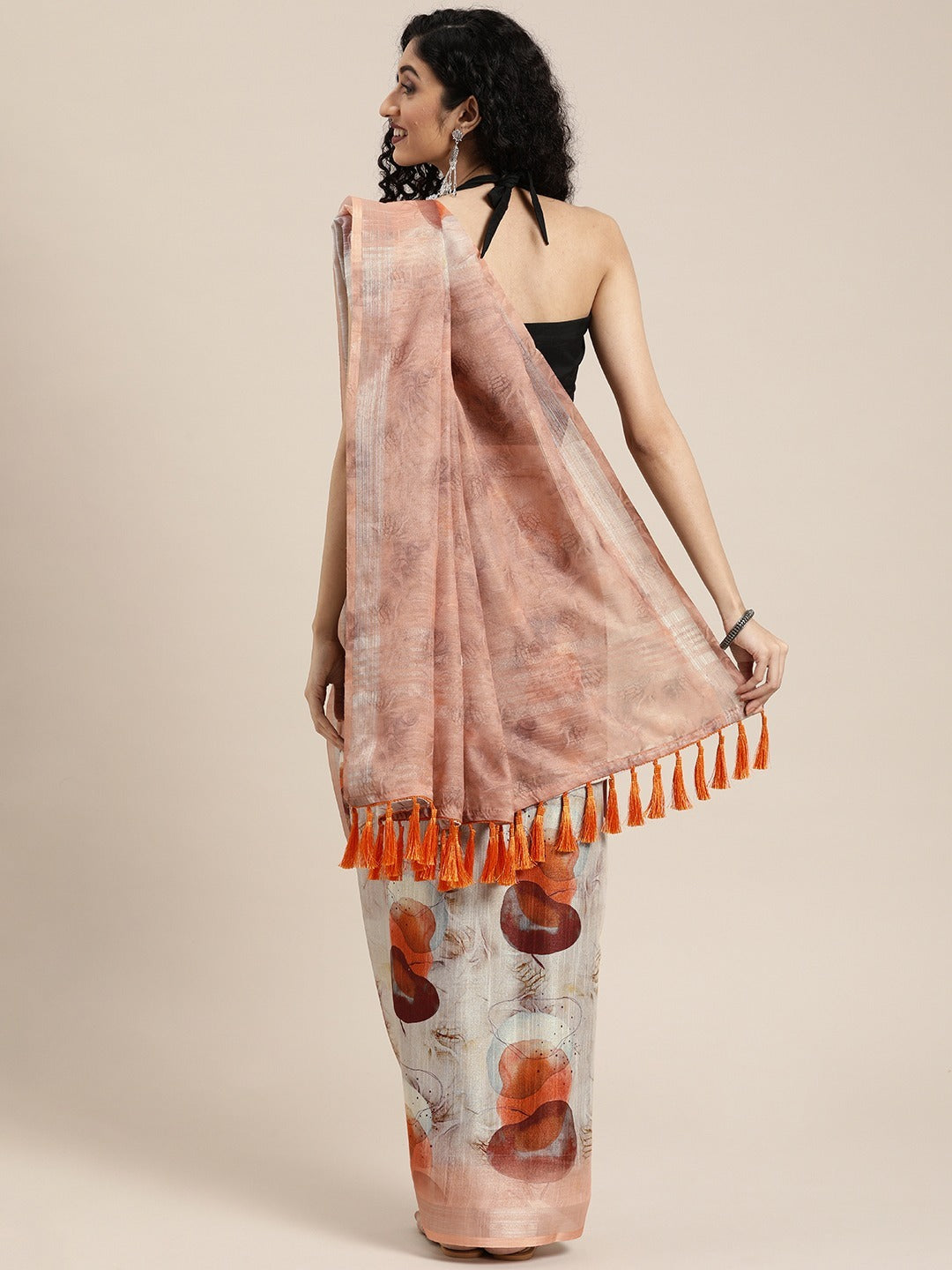 Off White Linen Abstract Print Saree