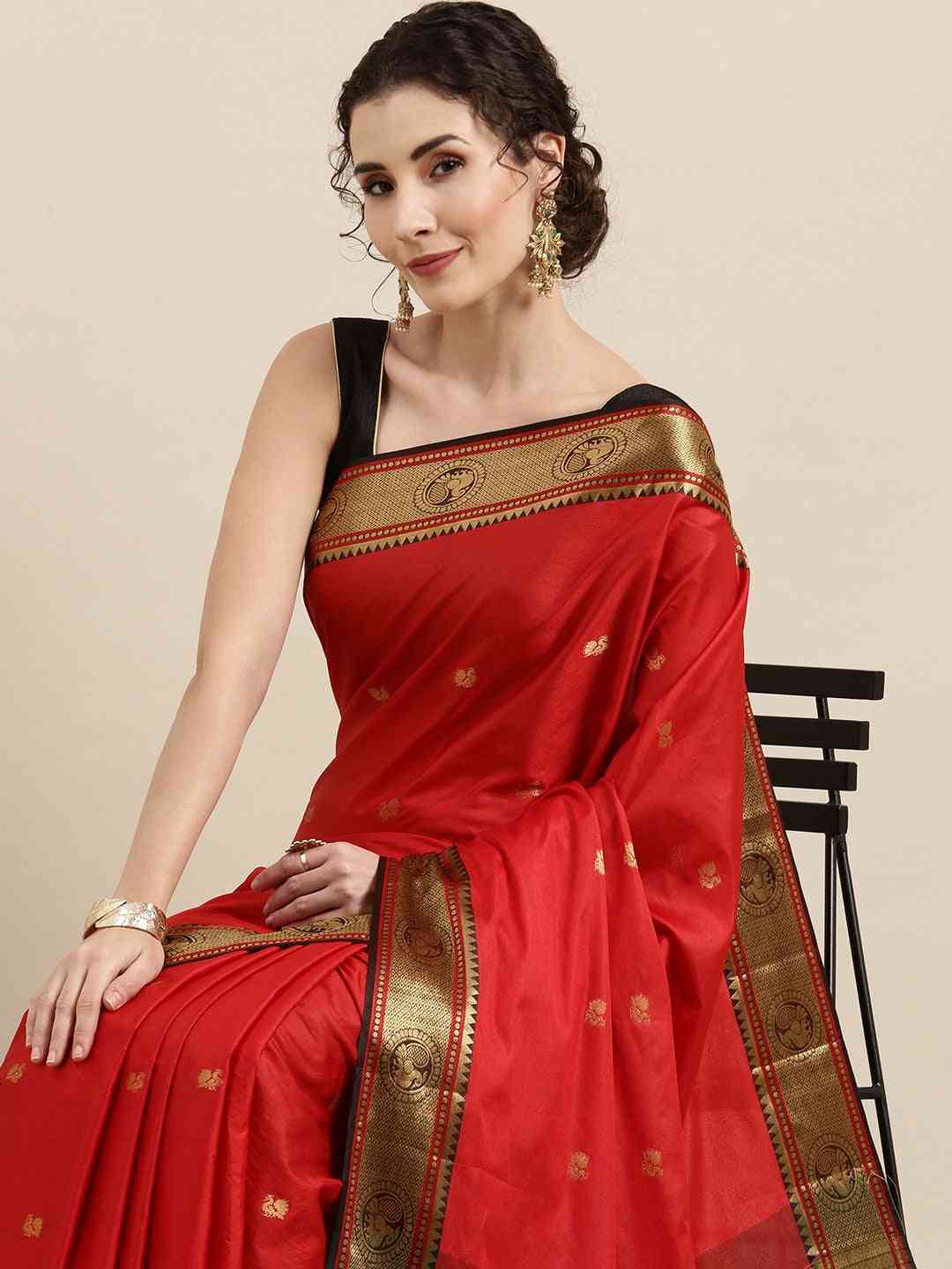 Trendy Red Zari Silk Cotton Paithani Saree