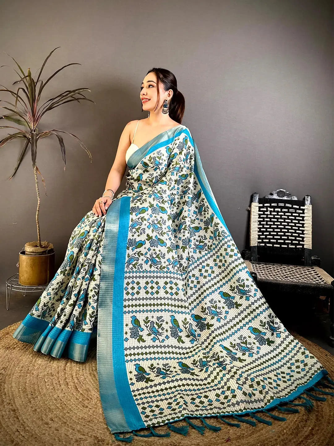Aqua Bird Printed Tussar Check Saree