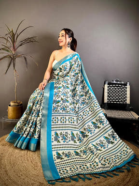 Aqua Bird Printed Tussar Check Saree