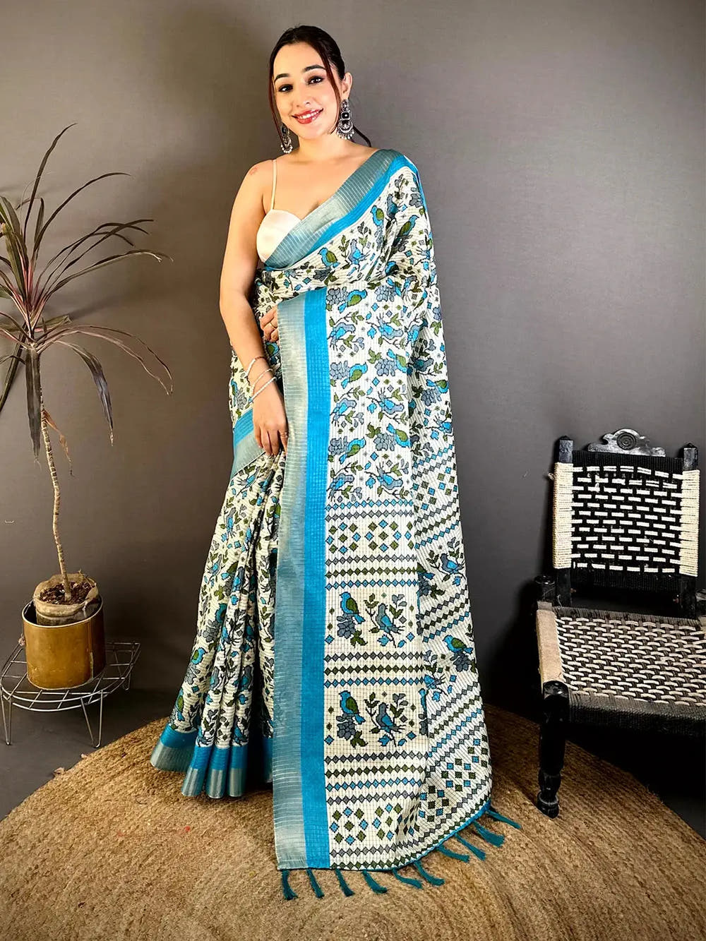 Aqua Bird Printed Tussar Check Saree