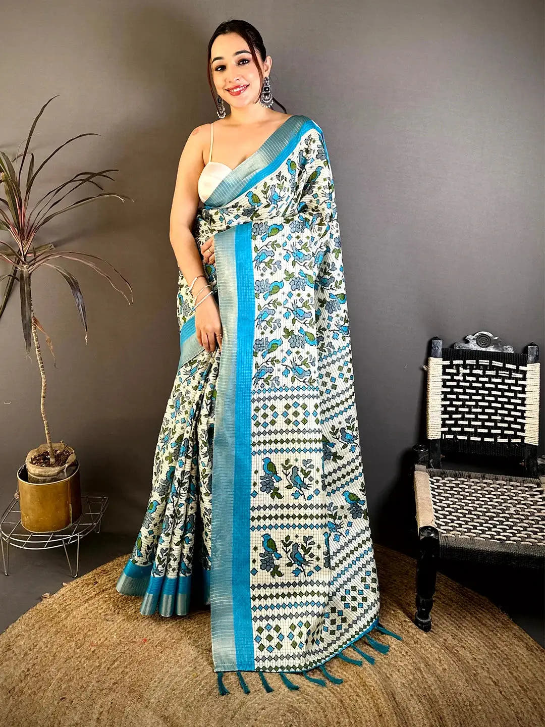 Aqua Bird Printed Tussar Check Saree