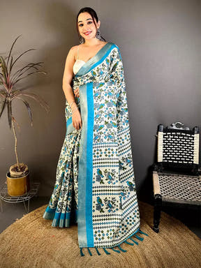 Aqua Bird Printed Tussar Check Saree