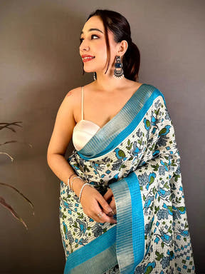 Aqua Bird Printed Tussar Check Saree