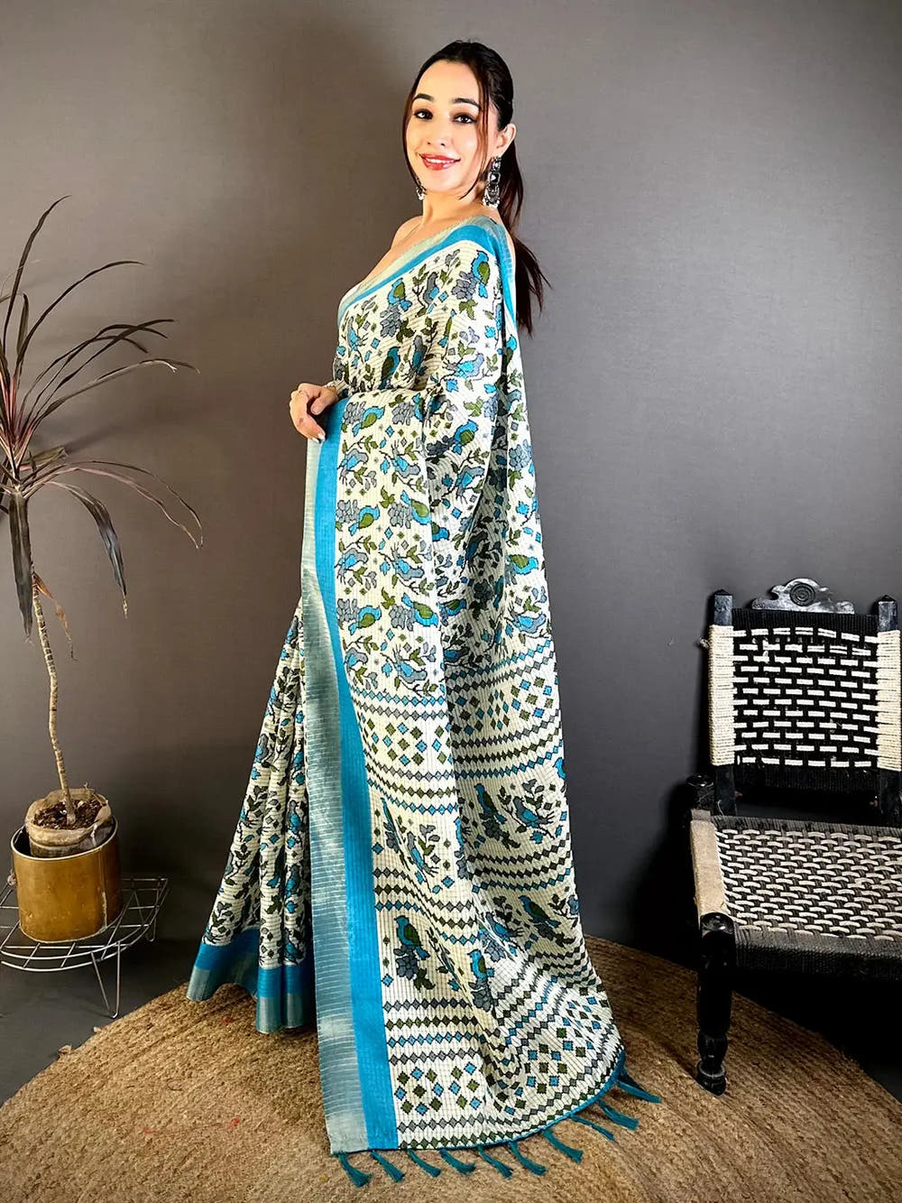 Aqua Bird Printed Tussar Check Saree