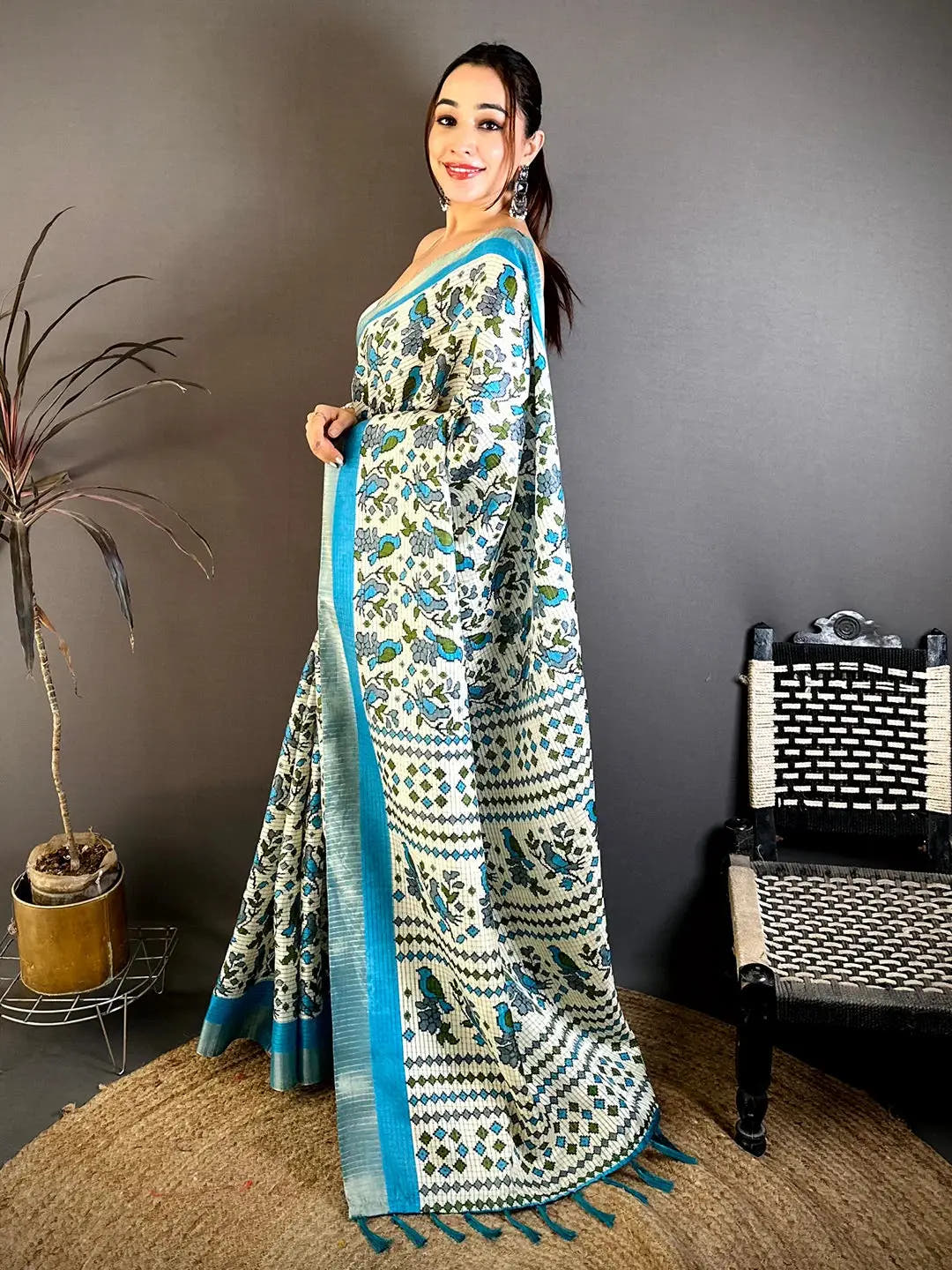 Aqua Bird Printed Tussar Check Saree
