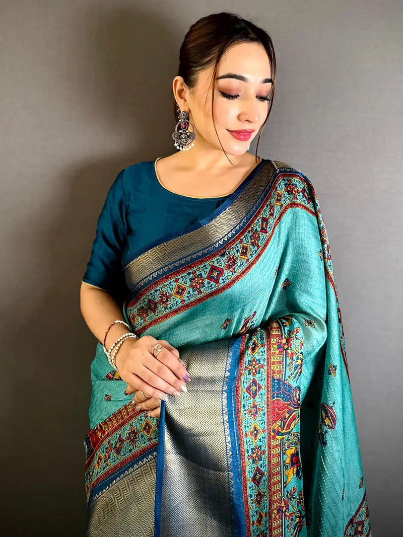 Aqua Soft Dola Kalamkari Zari Border Saree