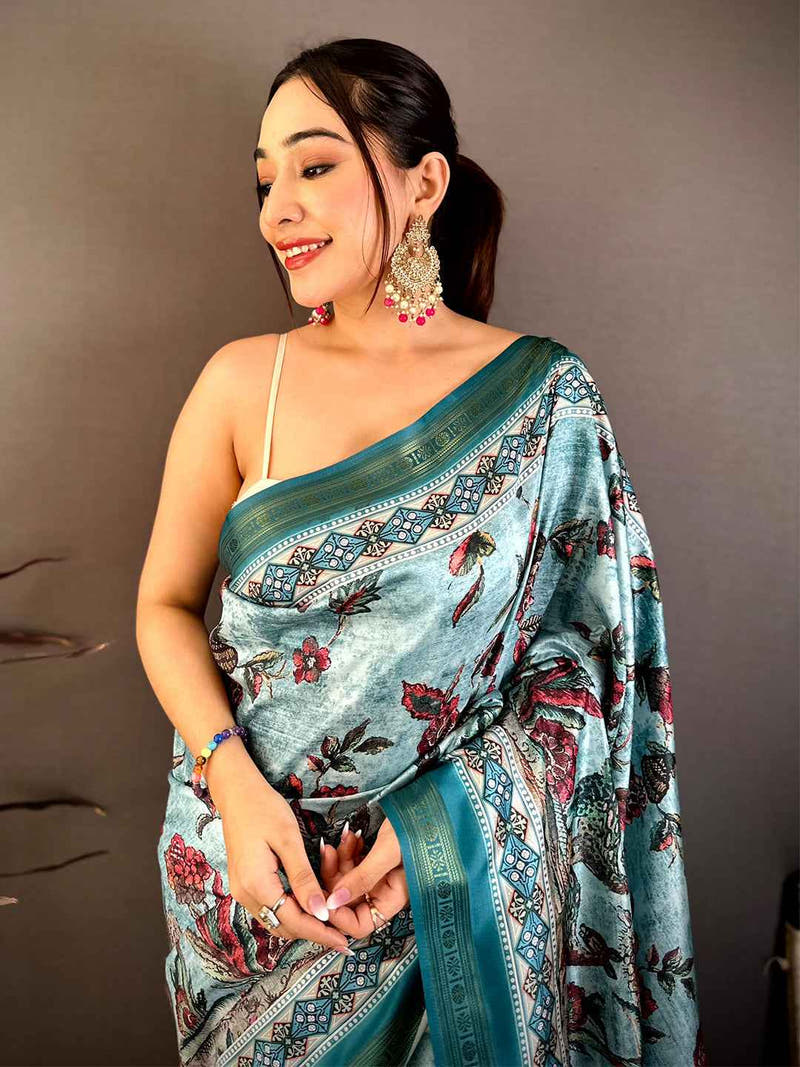 Regal Rudrakh digital print soft silk saree with floral and traditional motifs