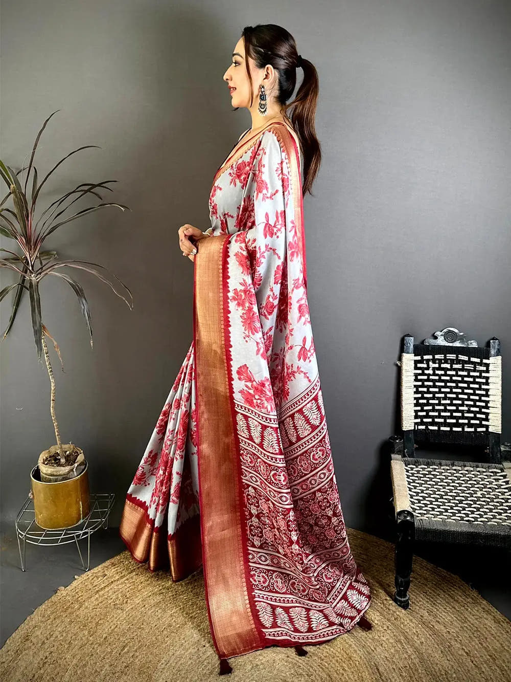Artisan Grey Floral Print Soft Dola Saree