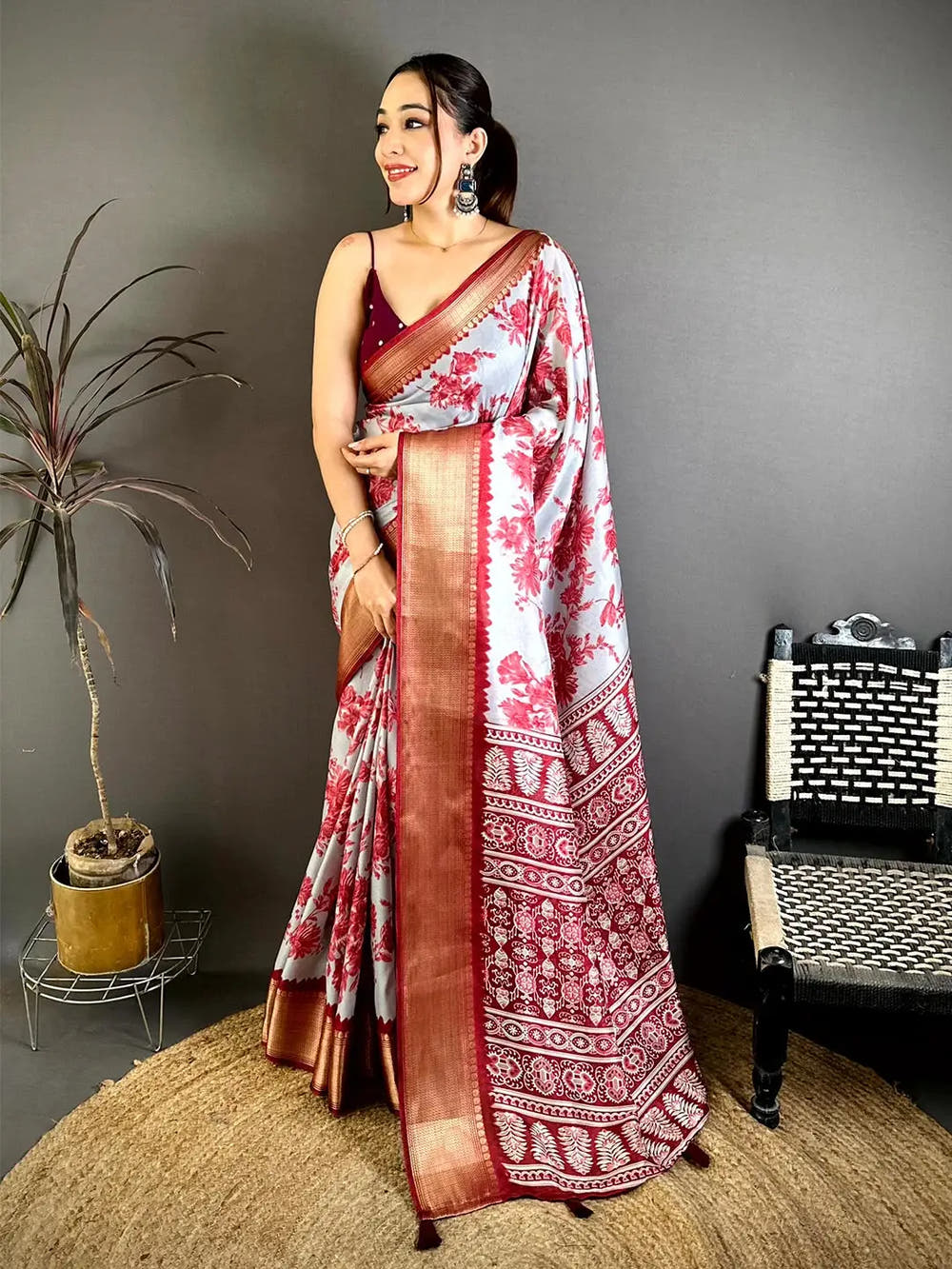 Artisan Grey Floral Print Soft Dola Saree