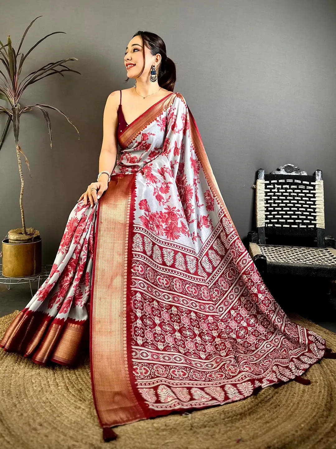 Artisan Grey Floral Print Soft Dola Saree