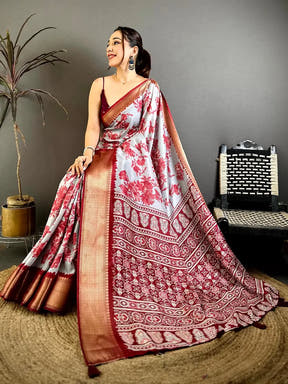 Artisan Grey Floral Print Soft Dola Saree