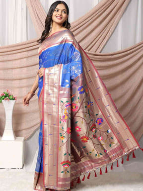  Blue Silk Blend Woven Zari Paithani Saree